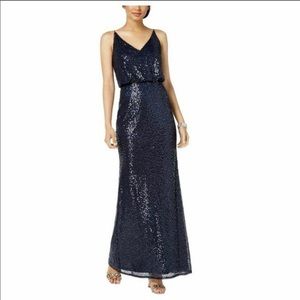 Adrianna Papell Navy Blue Sequin Blouson Dress